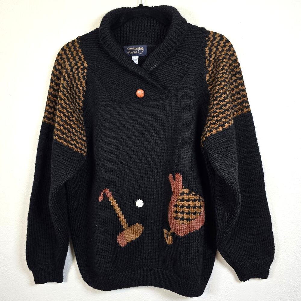VTG Marshall Fields Wool Sweater Women's L Black Polo Old Money Heritage Preppy